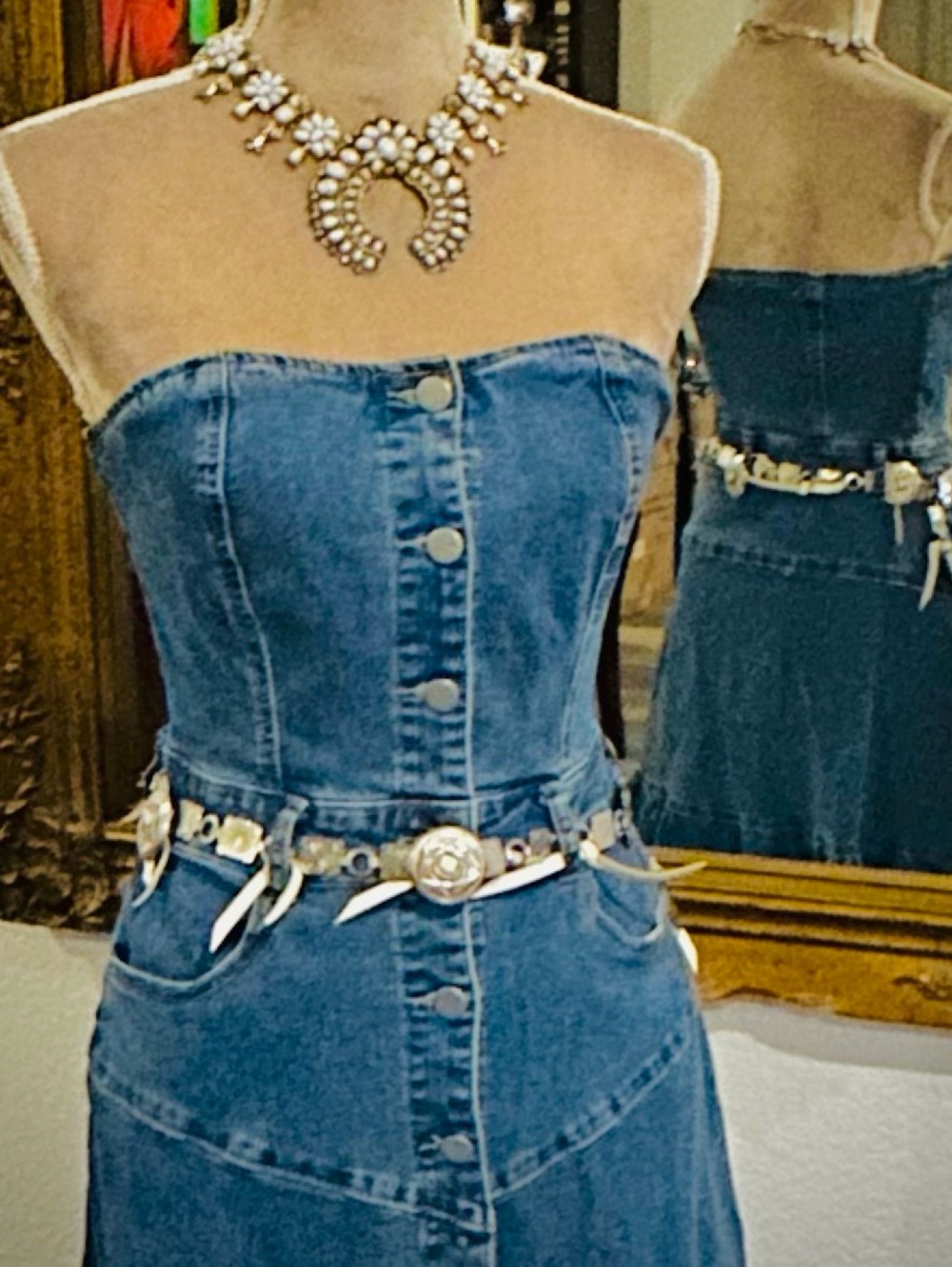 Vintage Strapless Denim Western Overall Rodeo Cowgirl Festival Maxi Dress - Picture 3 of 6